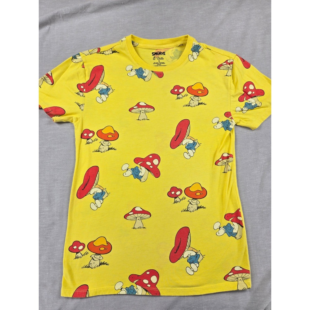 The Smurfs Mens Yellow All Over Print Mushroom Graphic T-Shirt S 2021 Peyo